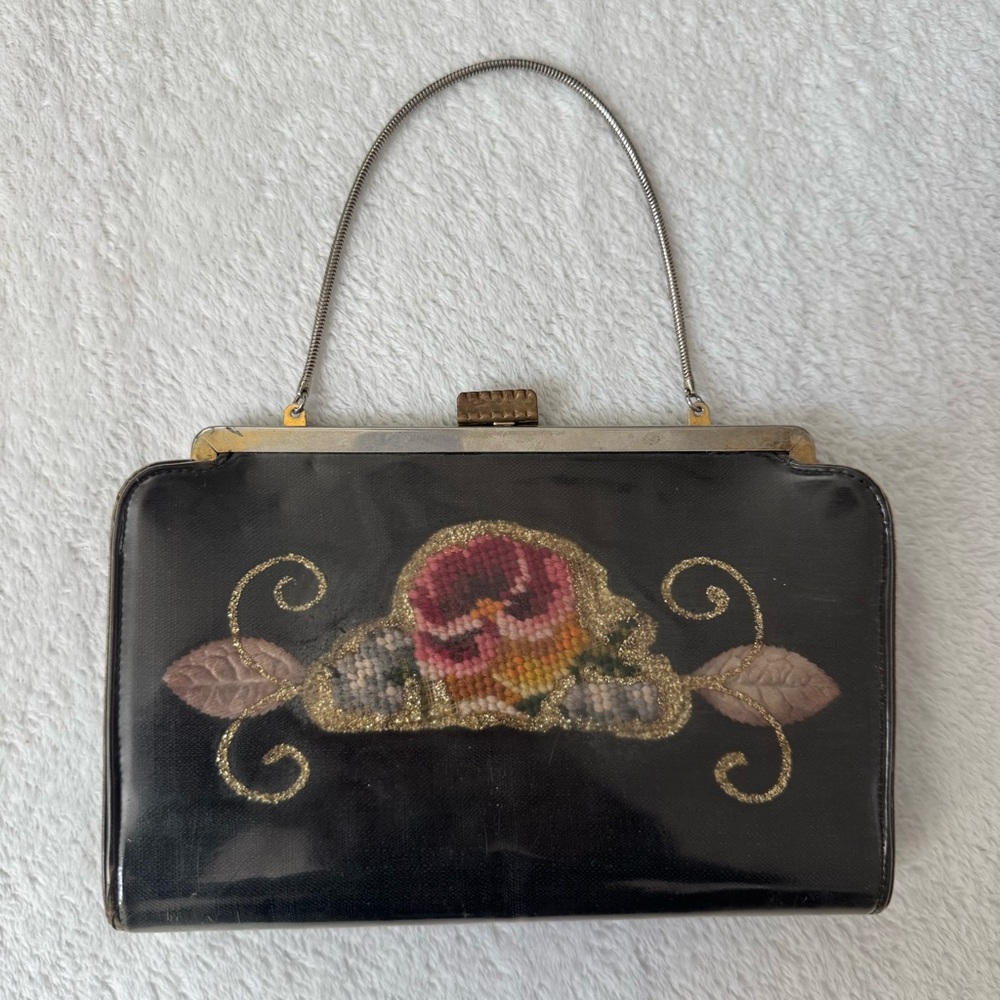 Vintage 60s-70s Floral Needlepoint Black Evening Clutch